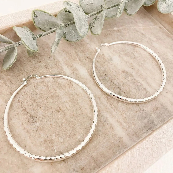 925 Sterling Silver Hoop Earrings Textured Large Hoop Earrings Diamond Cut Hoops - Picture 2 of 5